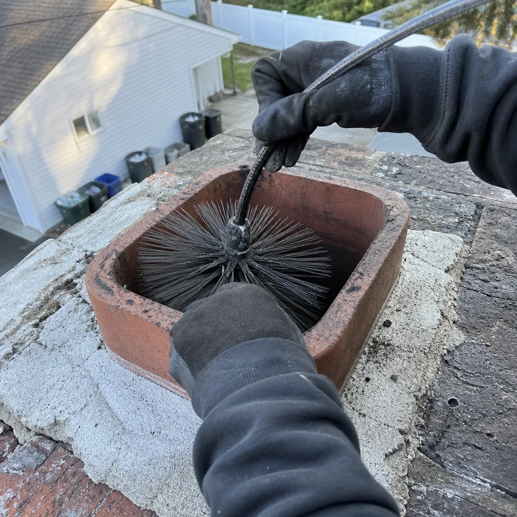 Professional chimney sweep cleaning a chimney flue with a wire brush.