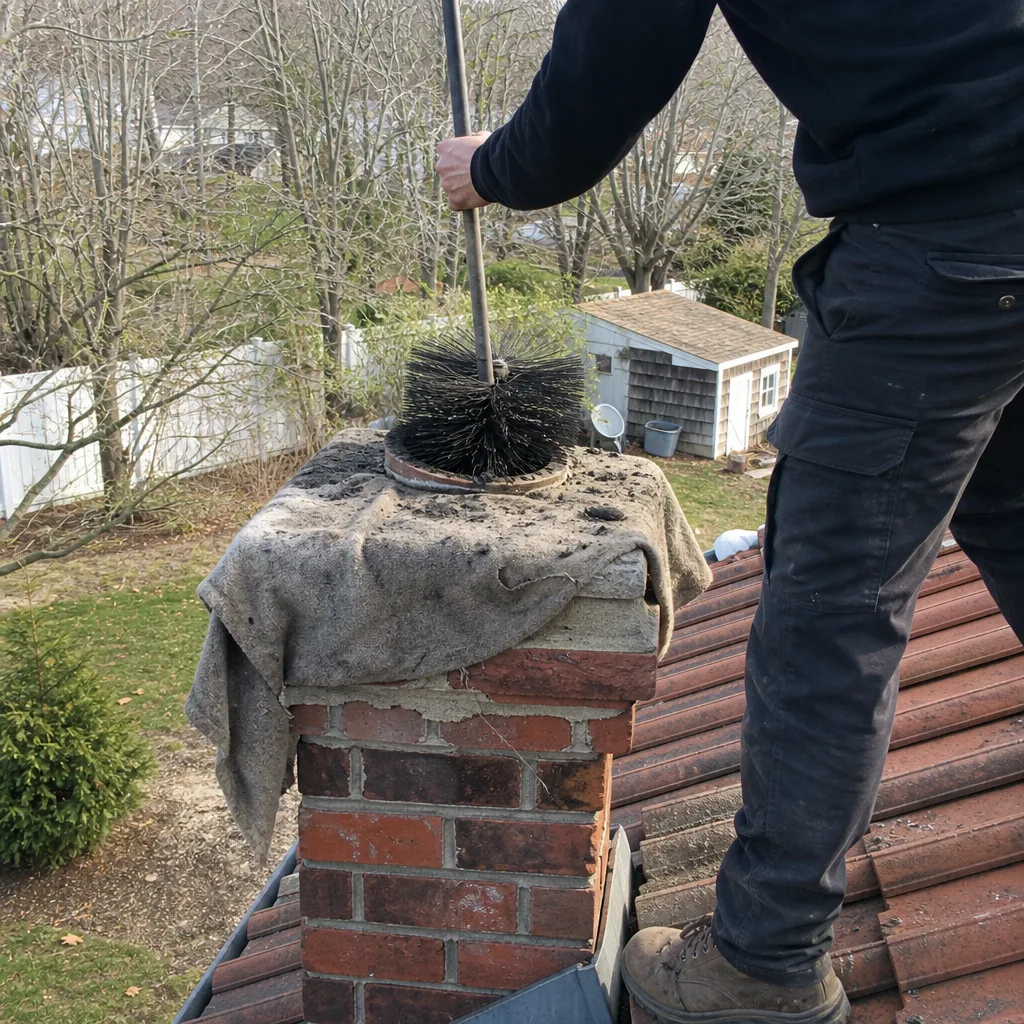 Professional chimney sweep cleaning a brick chimney flue from the roof.