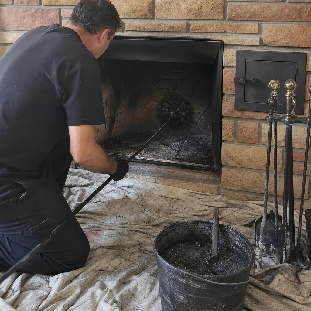 Professional chimney sweep cleaning a brick fireplace firebox with a brush