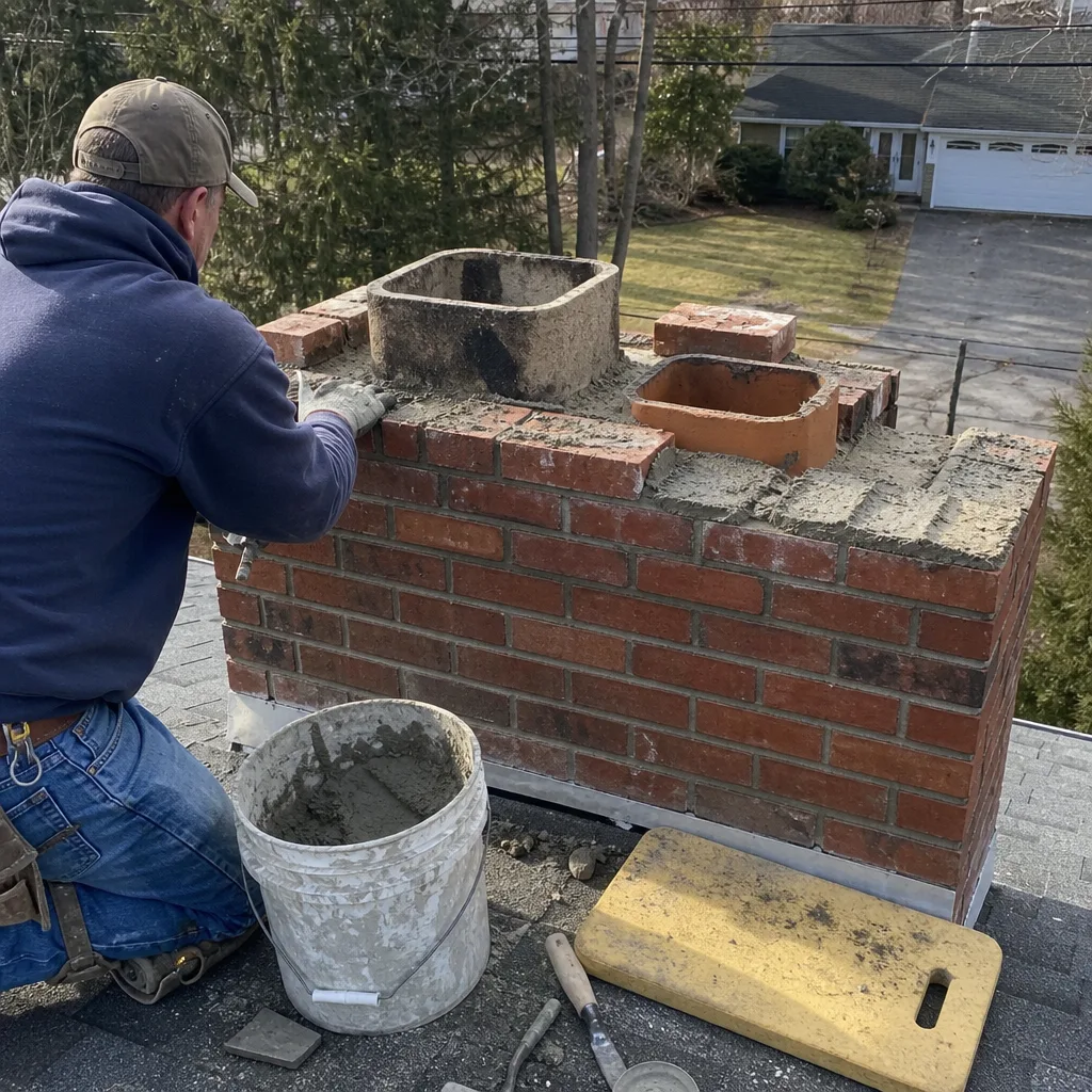 Professional contractor performing brick chimney repair and mortar crown maintenance