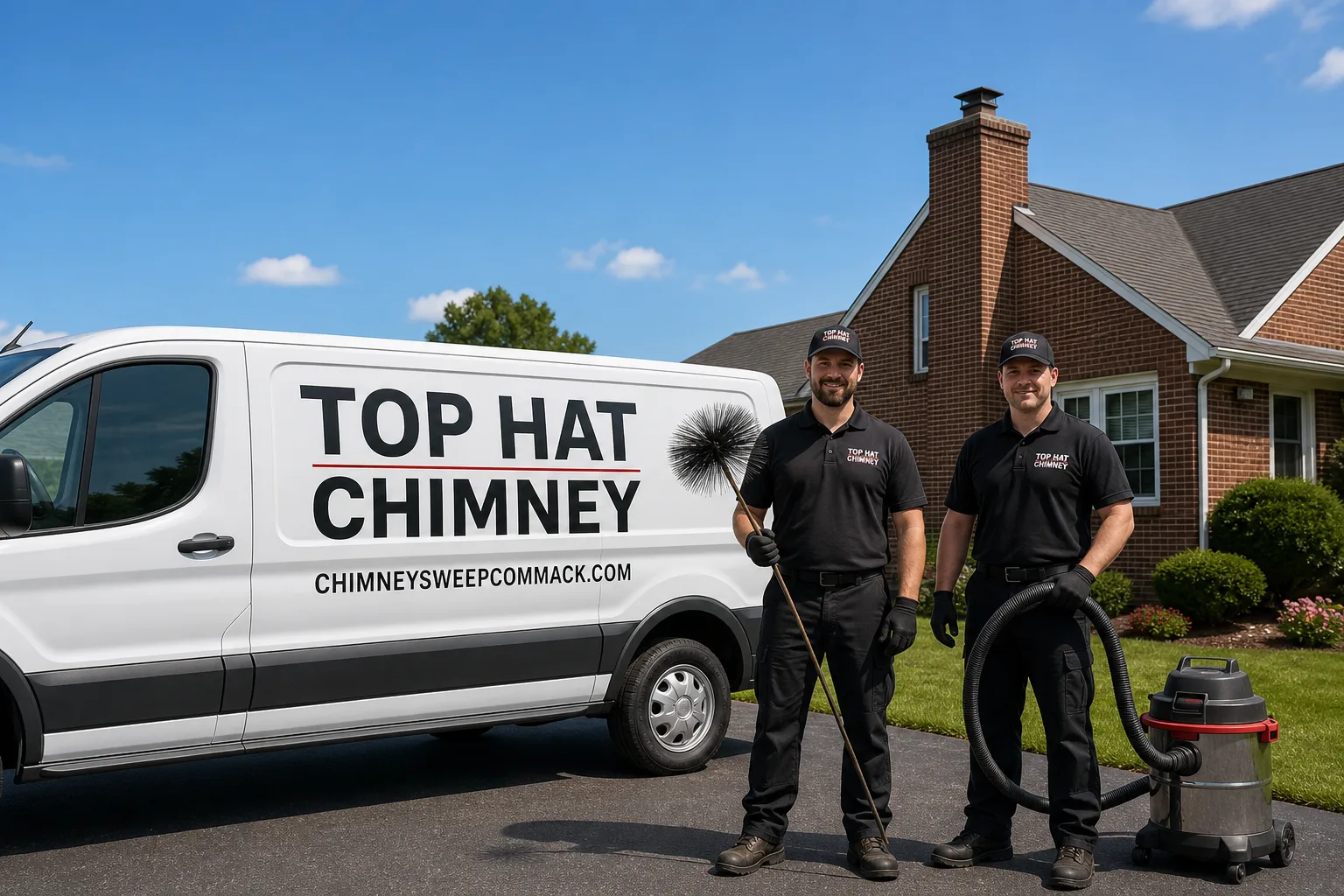 Top Hat Chimney chimney cleaning service vehicle and crew in Commack, NY